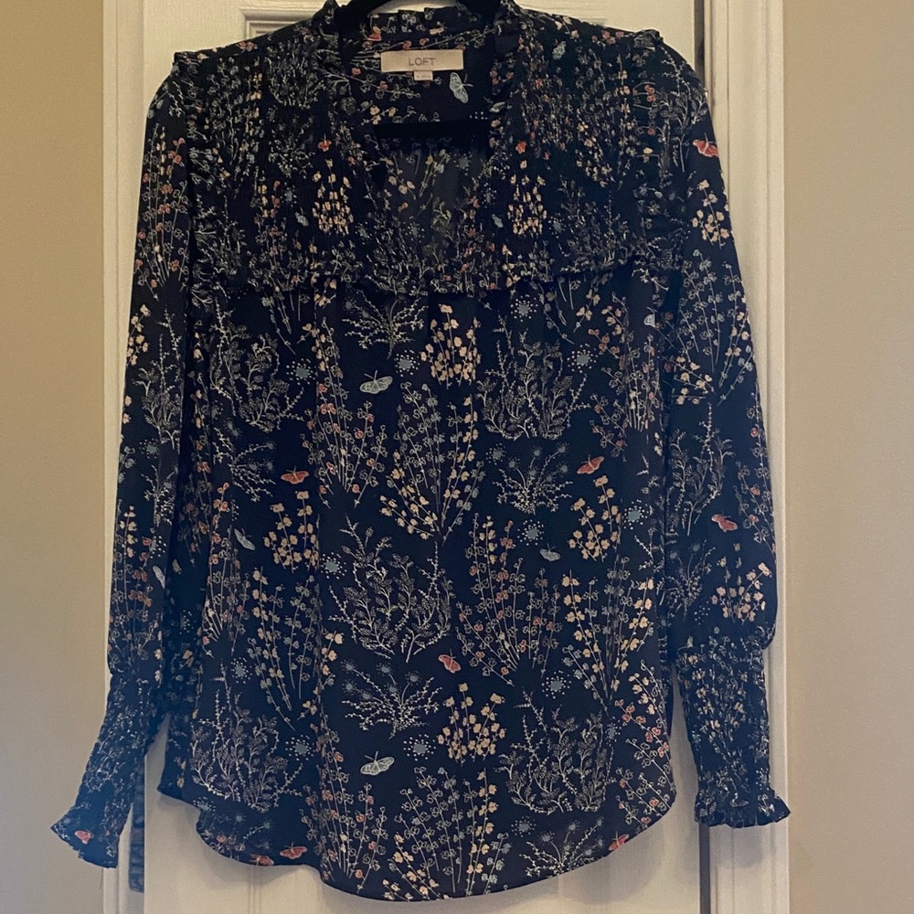 LOFT Black and White Floral Blouse